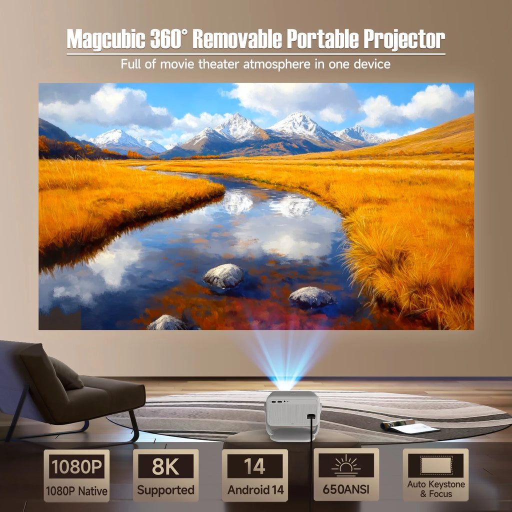 Magcubic L018 1080P Projector 650ANSI 8K Android14 Allwinner H726 Auto Keystone Wifi6 BT5.4 Portable Outdoor Movie Projector