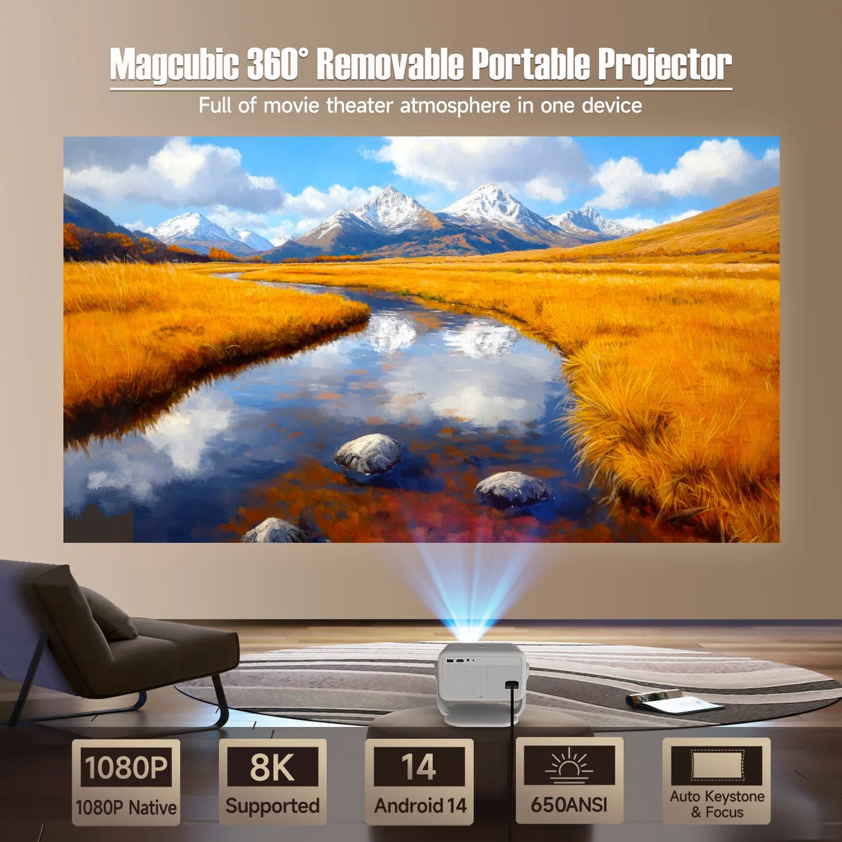 Magcubic L018 1080P Projector 650ANSI 8K Android14 Allwinner H726 Auto Keystone Wifi6 BT5.4 Portable Outdoor Movie Projector