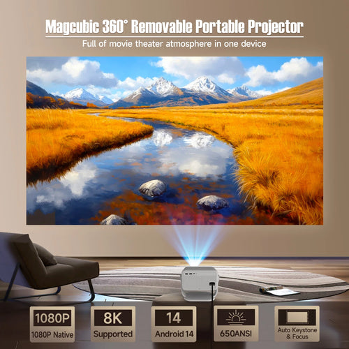 Magcubic L018 1080P Projector 650ANSI 8K Android14 Allwinner H726 Auto Keystone Wifi6 BT5.4 Portable Outdoor Movie Projector