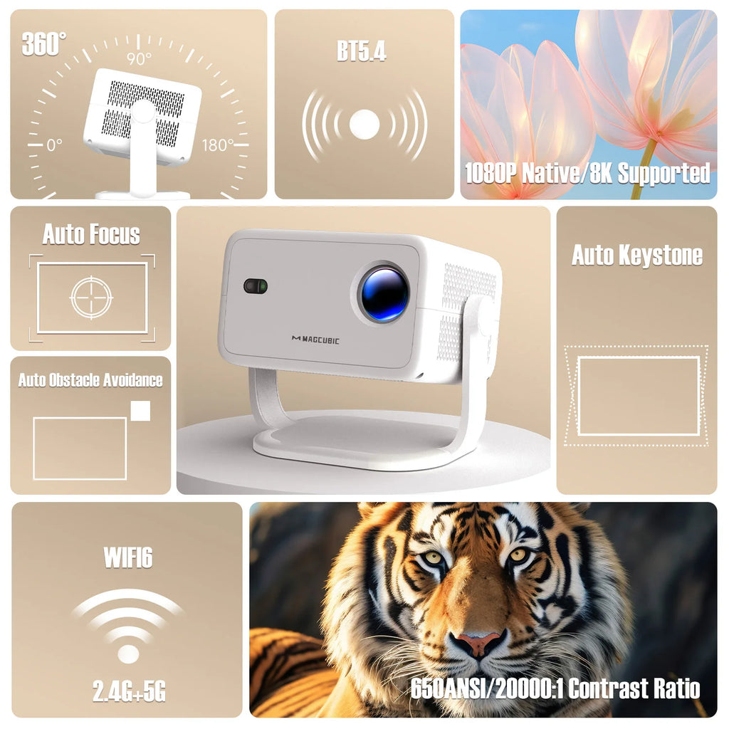 Magcubic L018 1080P Projector 650ANSI 8K Android14 Allwinner H726 Auto Keystone Wifi6 BT5.4 Portable Outdoor Movie Projector